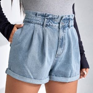 Paperbag Waist Roll Hem Denim Shorts